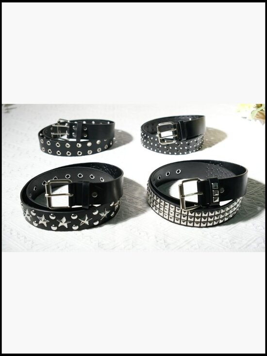 4 Piece Studded Rivet Double Grommet Belt Set - Faux Leather Punk Style
